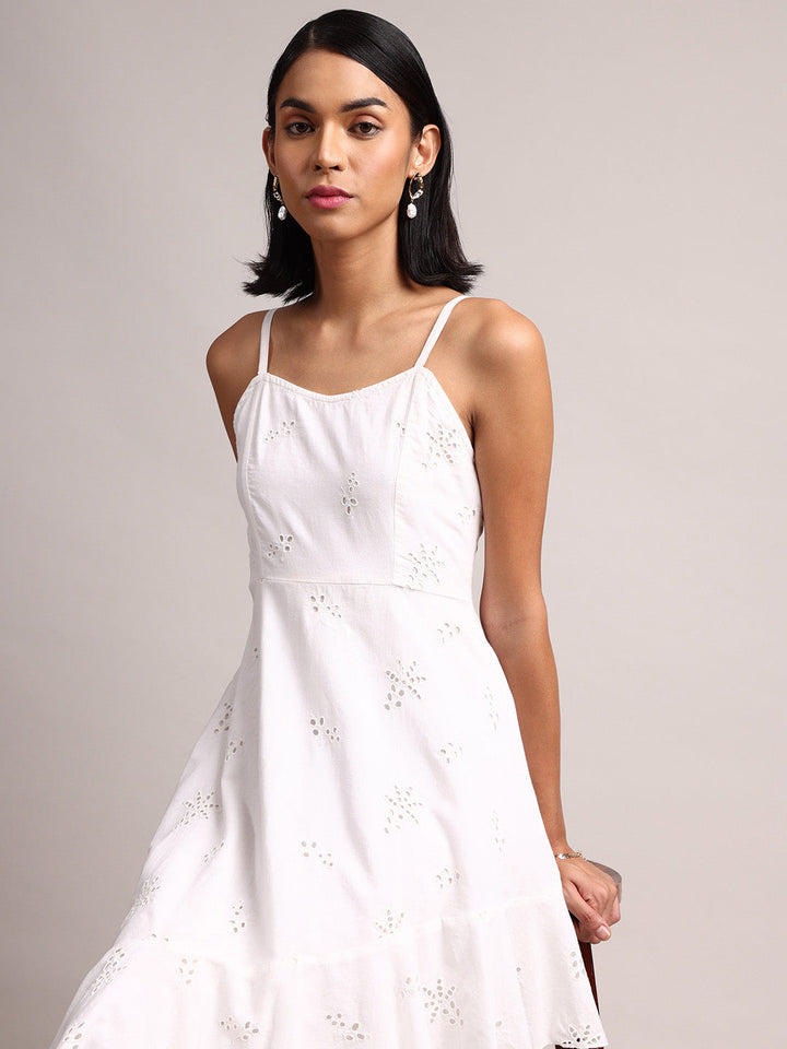 White Cotton Schiffli Asymmetric Dress  - By Janasya