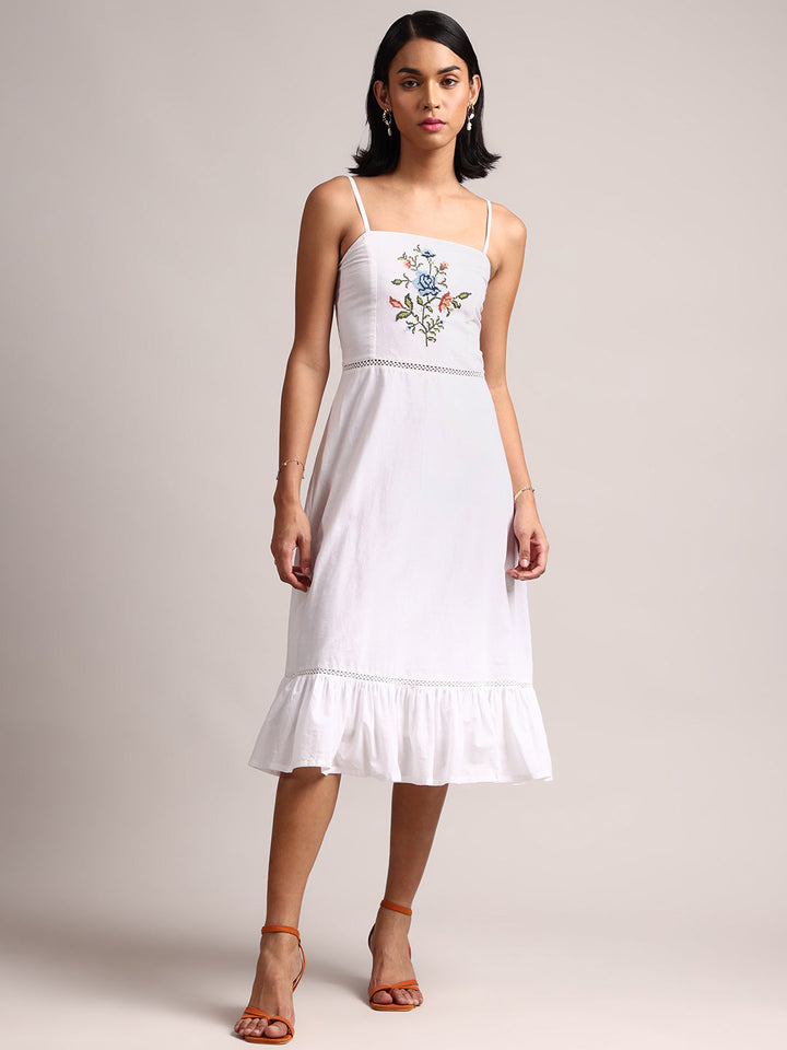 White Cotton Embroidered Fit & Flare Dress  - By Janasya