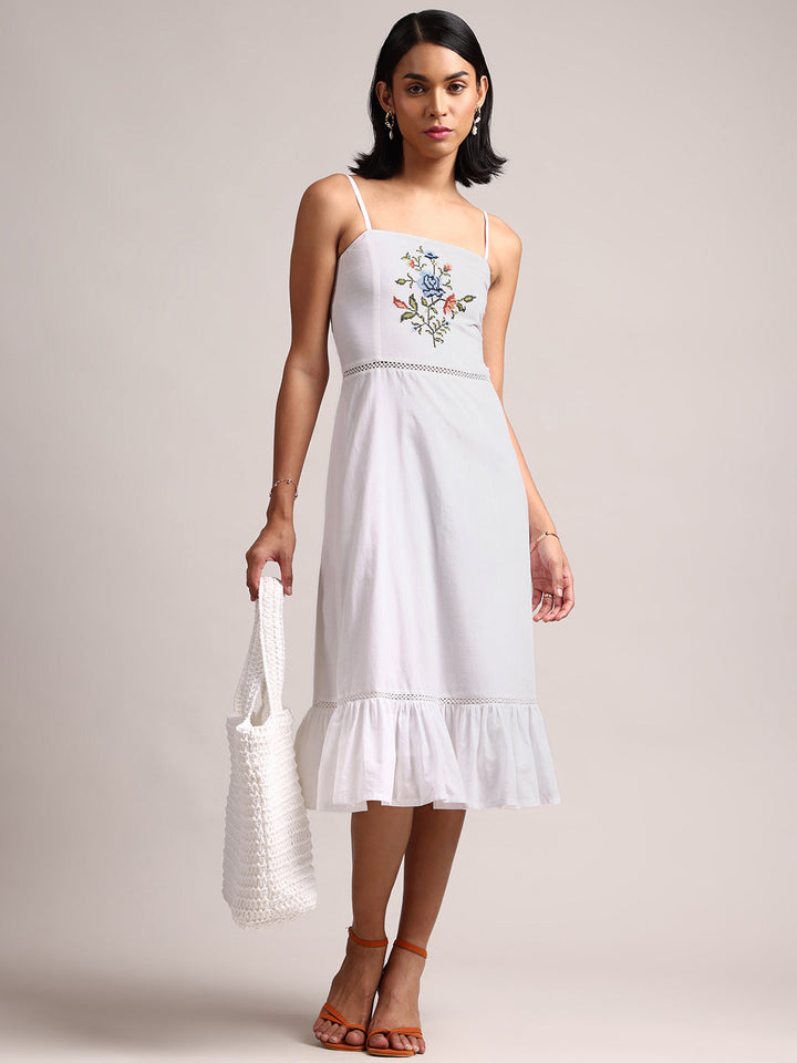 White Cotton Embroidered Fit & Flare Dress  - By Janasya