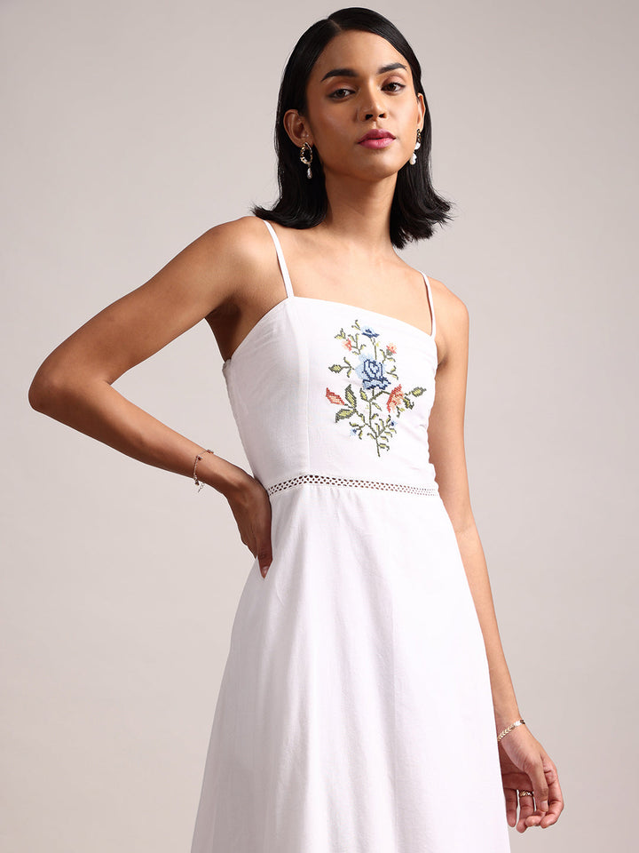 White Cotton Embroidered Fit & Flare Dress  - By Janasya