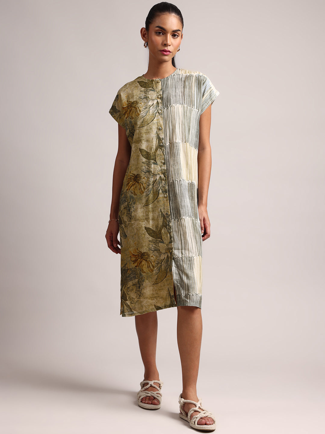 Olive Cotton Linen Floral Shirt Dress Dress  - By Janasya