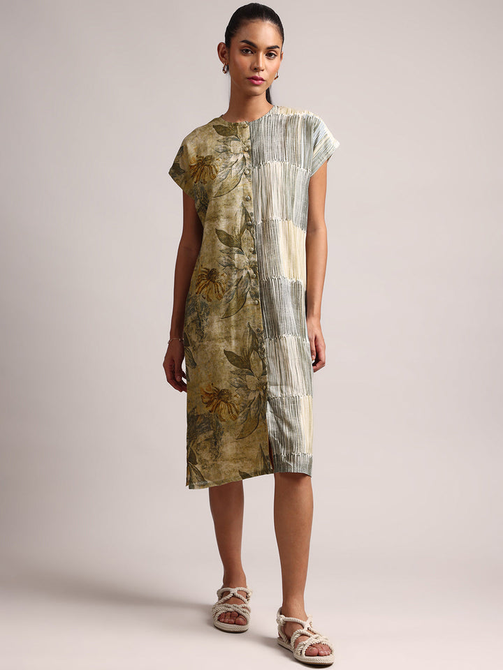 Olive Cotton Linen Floral Shirt Dress Dress  - By Janasya