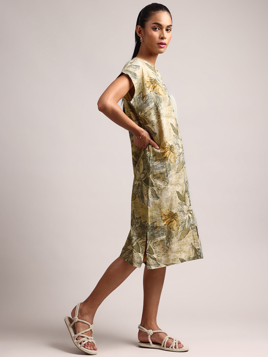 Olive Cotton Linen Floral Shirt Dress Dress  - By Janasya