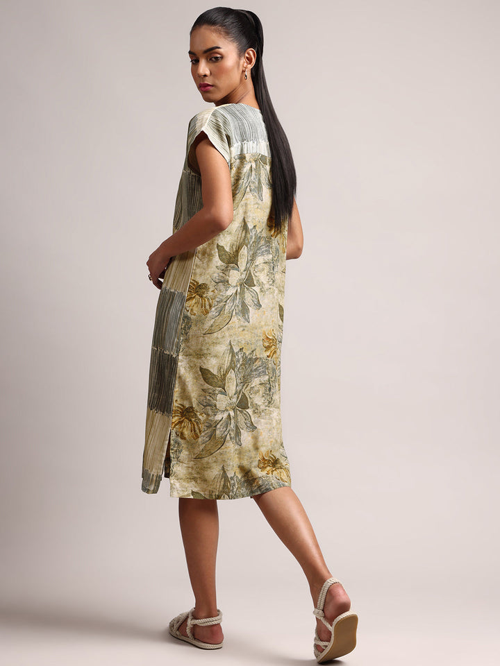 Olive Cotton Linen Floral Shirt Dress Dress  - By Janasya