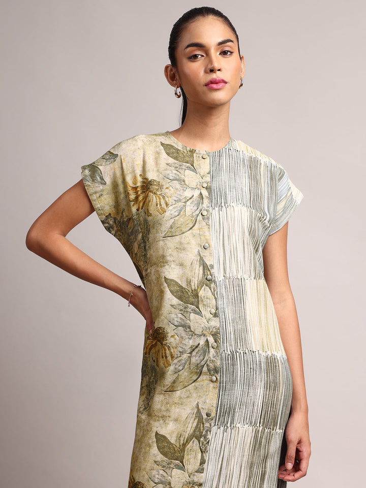 Olive Cotton Linen Floral Shirt Dress Dress  - By Janasya