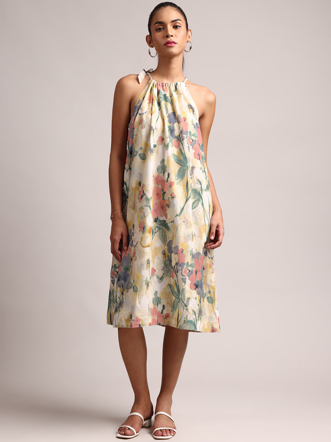 Yellow Cotton Linen Floral Printed A-Line Dress  - By Janasya