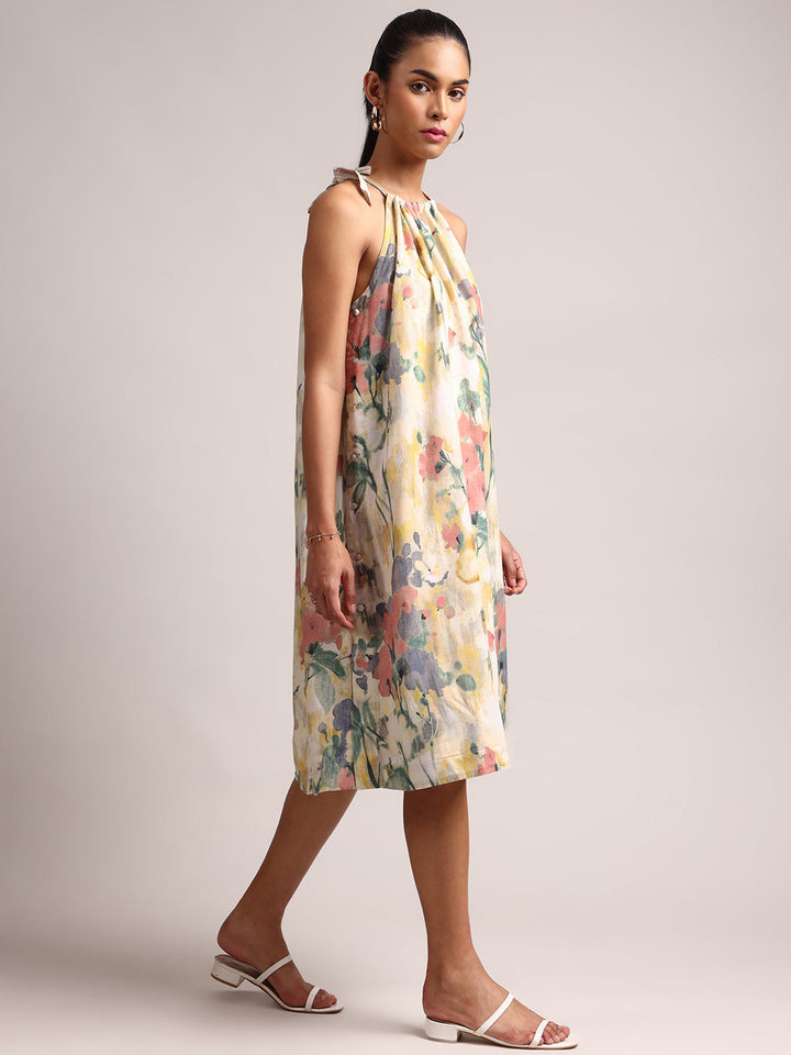 Yellow Cotton Linen Floral Printed A-Line Dress  - By Janasya