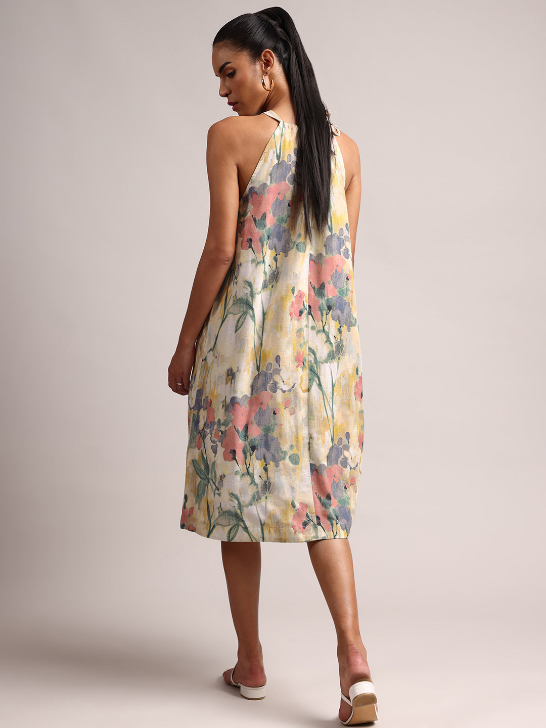 Yellow Cotton Linen Floral Printed A-Line Dress  - By Janasya