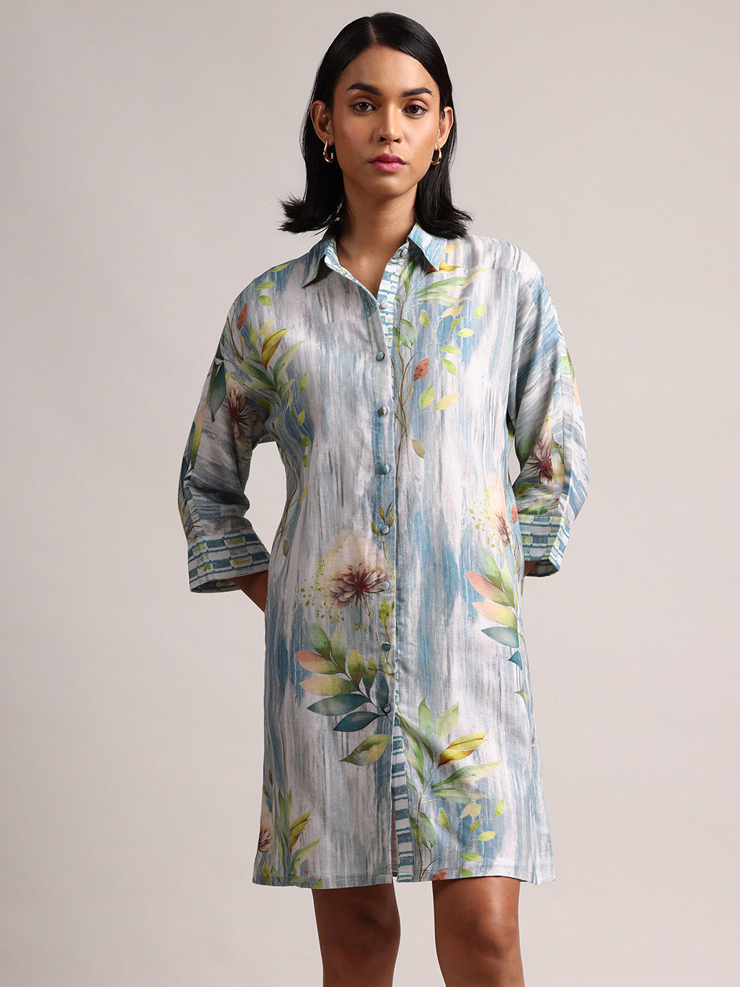 Blue Cotton Linen Floral Printed Shirt Dress  - By Janasya