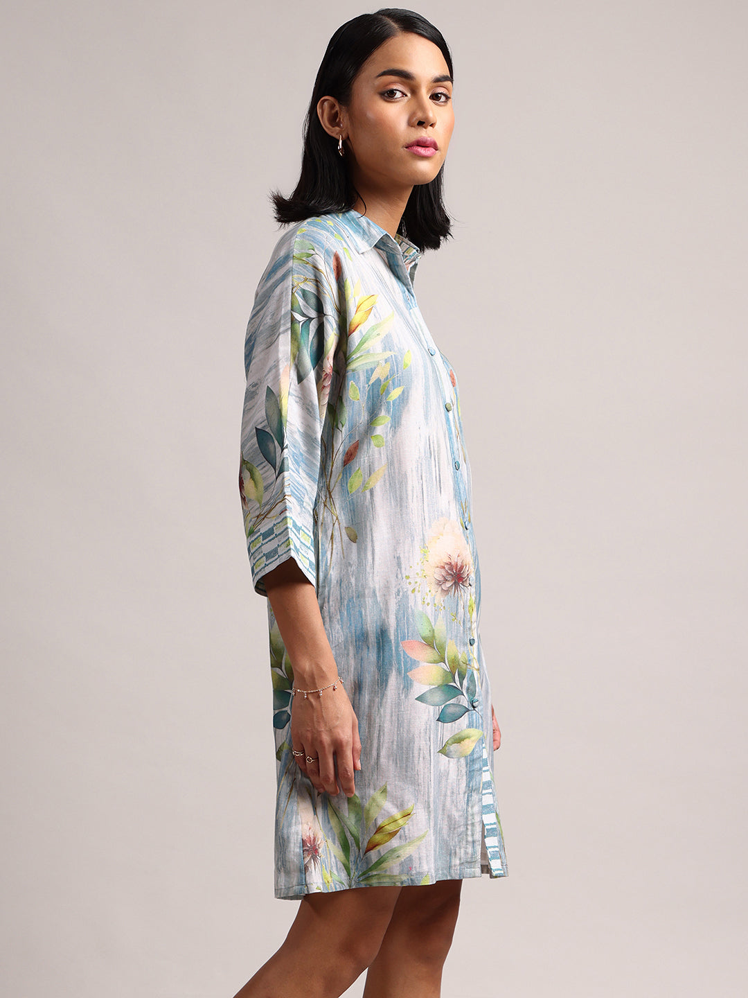 Blue Cotton Linen Floral Printed Shirt Dress  - By Janasya