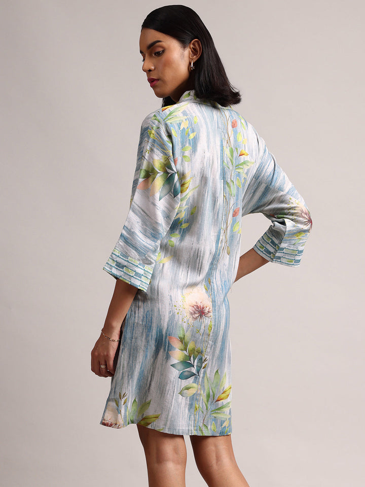 Blue Cotton Linen Floral Printed Shirt Dress  - By Janasya