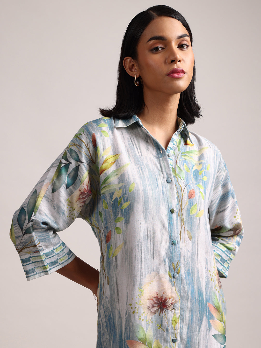 Blue Cotton Linen Floral Printed Shirt Dress  - By Janasya