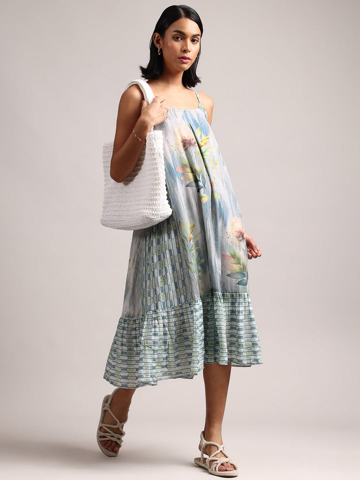 Blue Cotton Linen Tropical Tiered Dress  - By Janasya