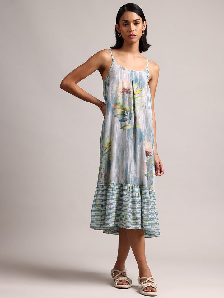 Blue Cotton Linen Tropical Tiered Dress  - By Janasya