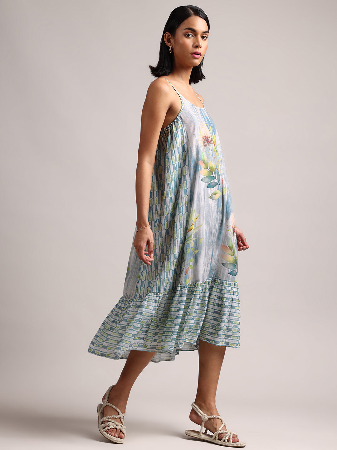 Blue Cotton Linen Tropical Tiered Dress  - By Janasya