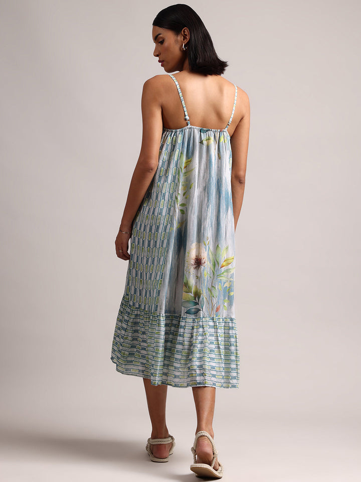 Blue Cotton Linen Tropical Tiered Dress  - By Janasya