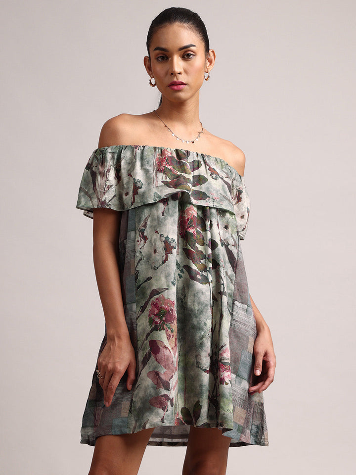 Grey Cotton Linen Floral Off Shoulder Dress  - By Janasya