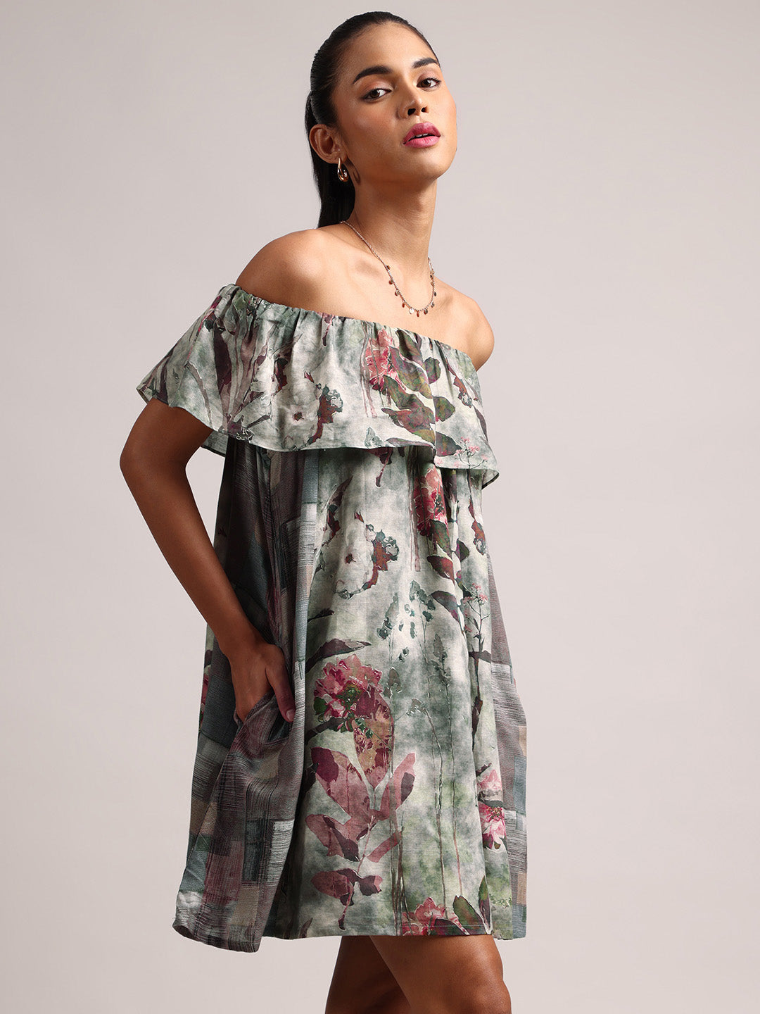 Grey Cotton Linen Floral Off Shoulder Dress  - By Janasya