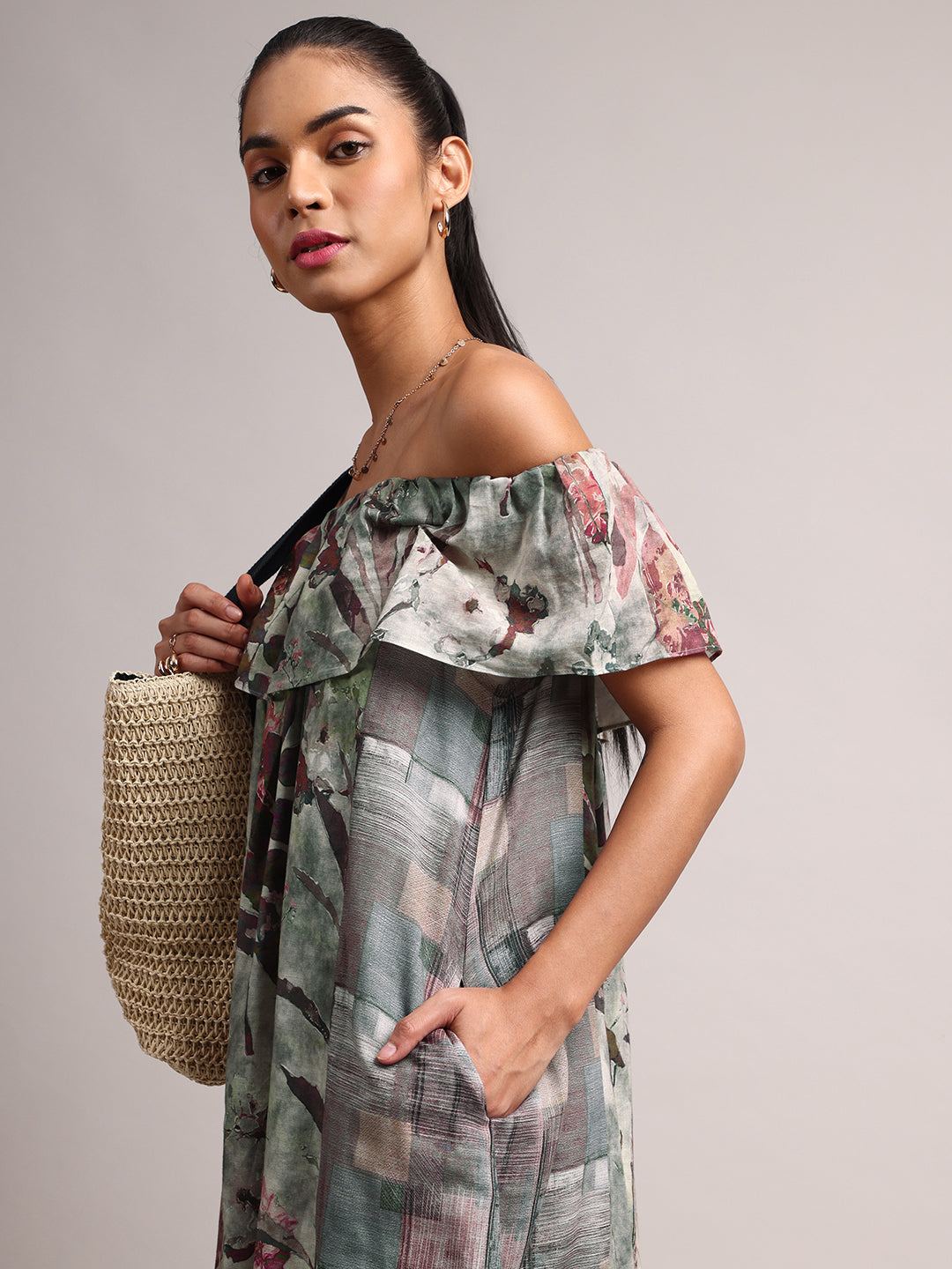 Grey Cotton Linen Floral Off Shoulder Dress  - By Janasya