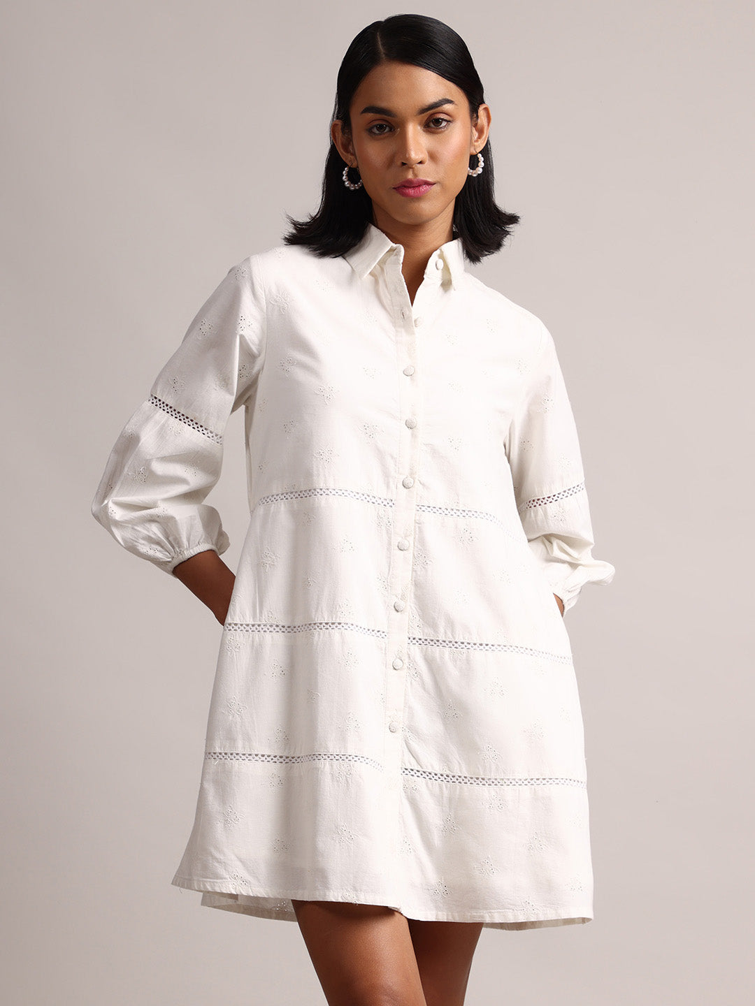 White Cotton Schiffli Embroidered Shirt Dress  - By Janasya