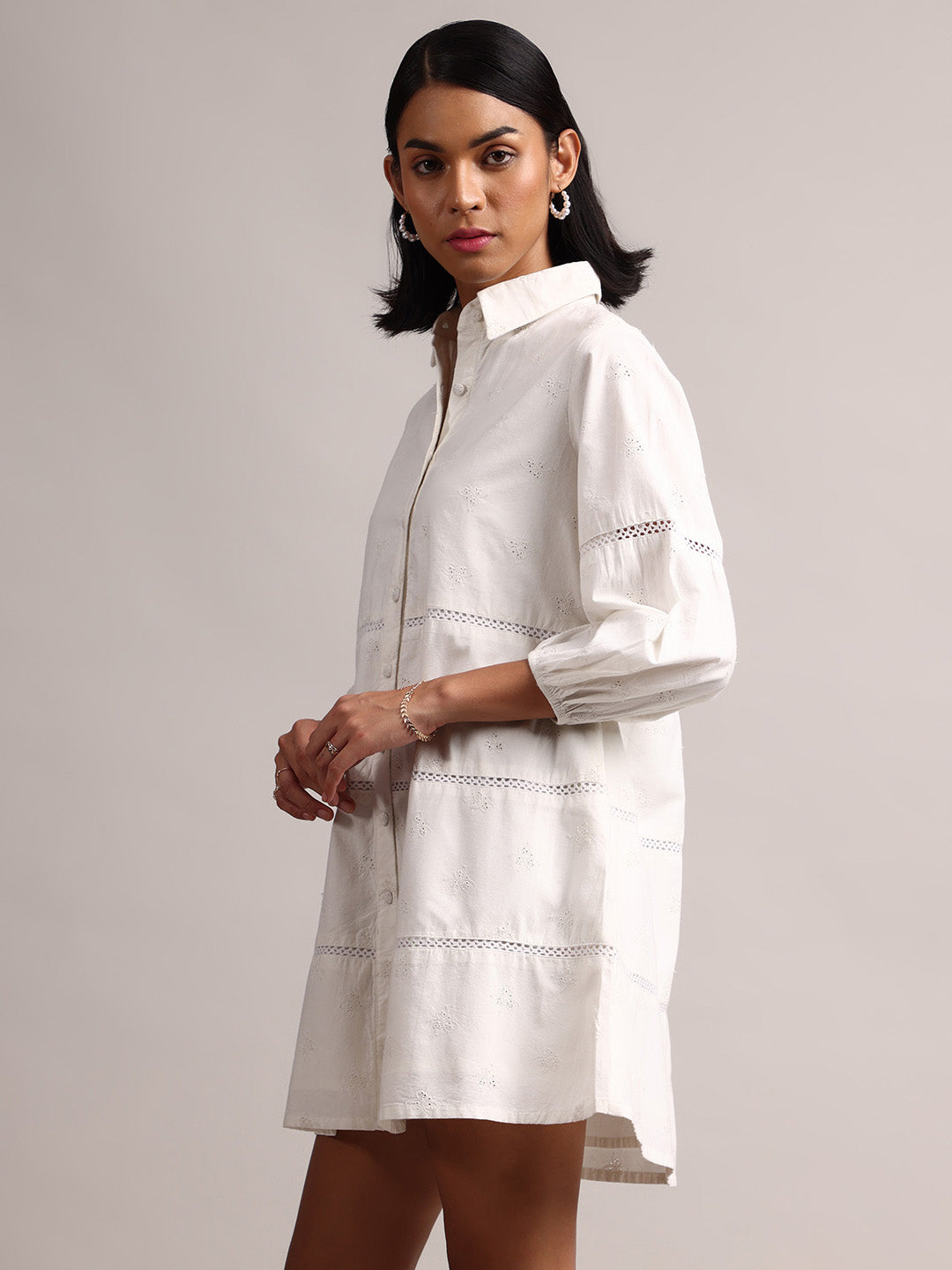 White Cotton Schiffli Embroidered Shirt Dress  - By Janasya