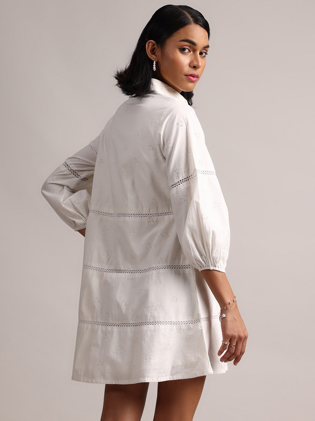 White Cotton Schiffli Embroidered Shirt Dress  - By Janasya