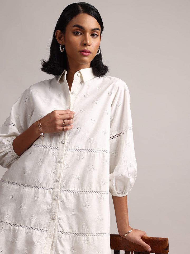 White Cotton Schiffli Embroidered Shirt Dress  - By Janasya