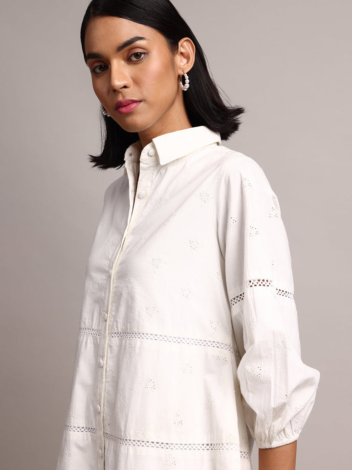 White Cotton Schiffli Embroidered Shirt Dress  - By Janasya