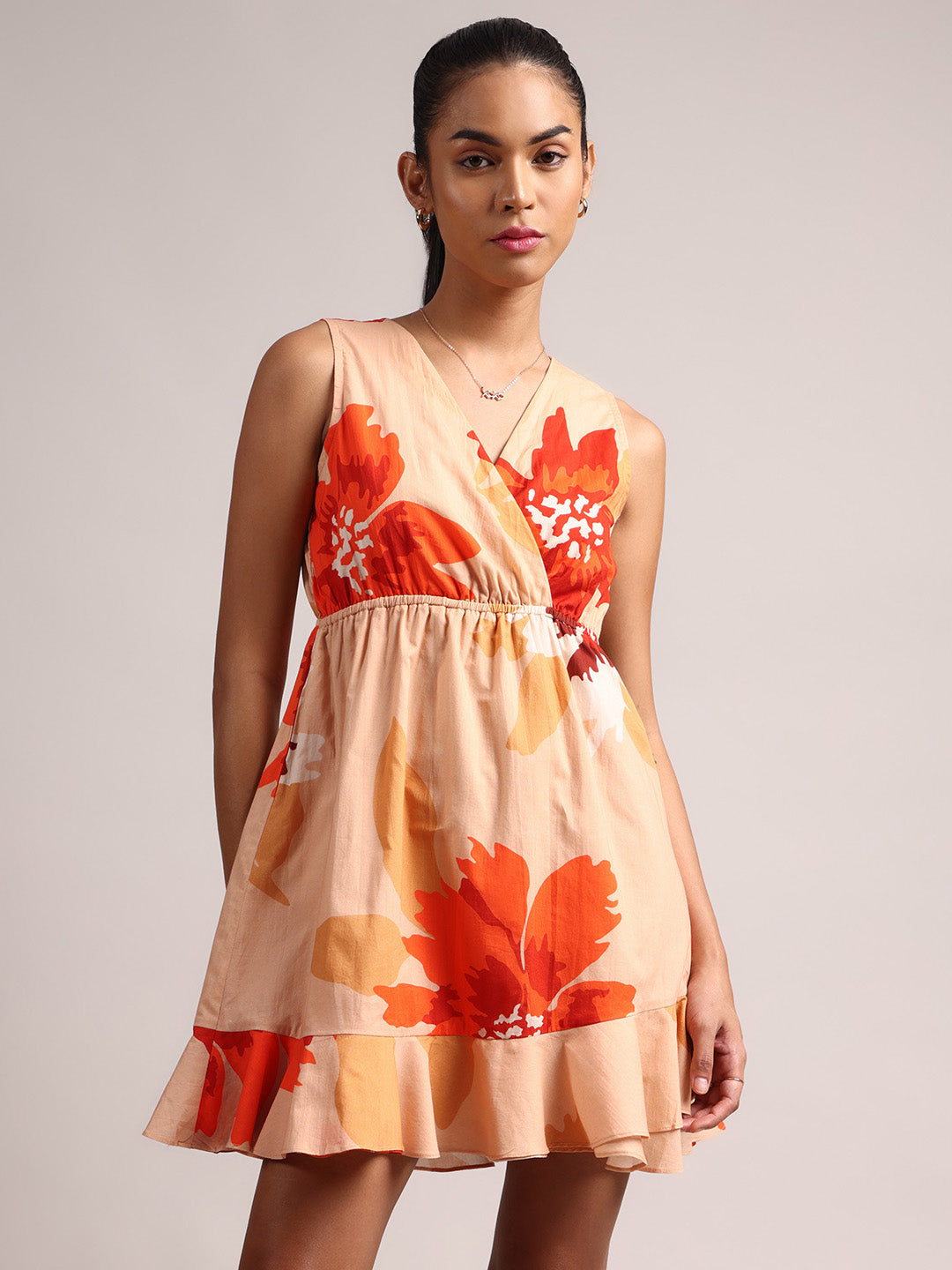 Peach Cotton Floral A-Line Dress  - By Janasya