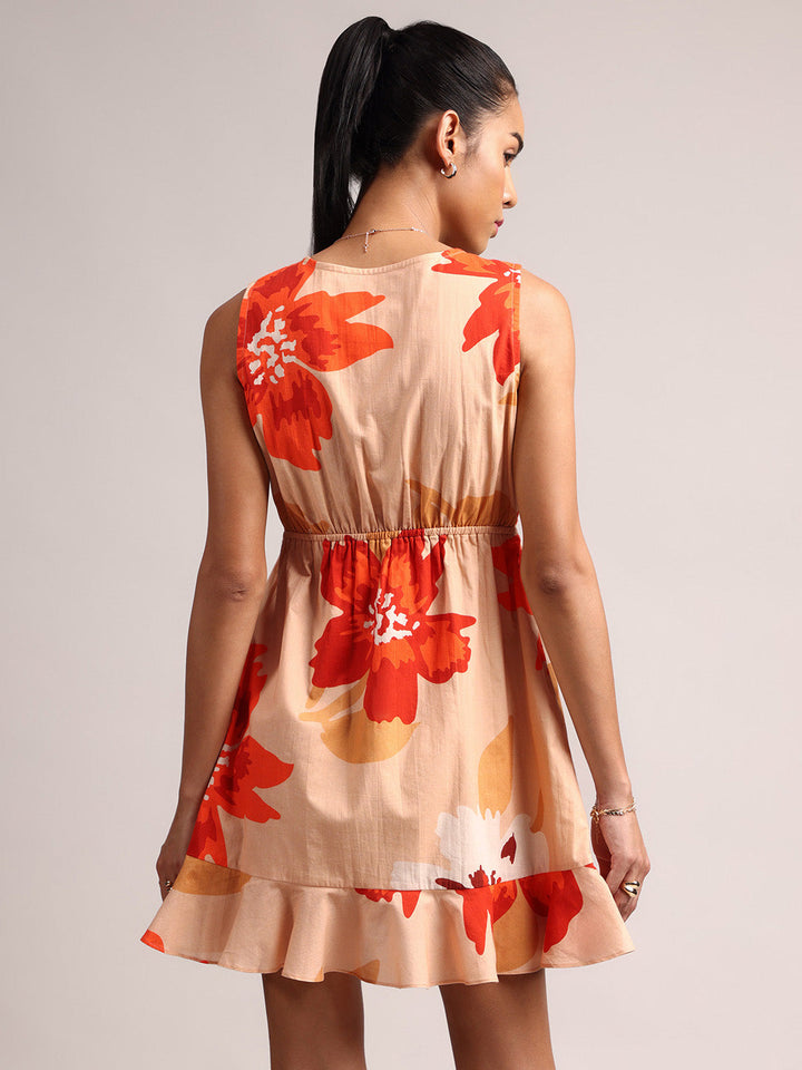 Peach Cotton Floral A-Line Dress  - By Janasya