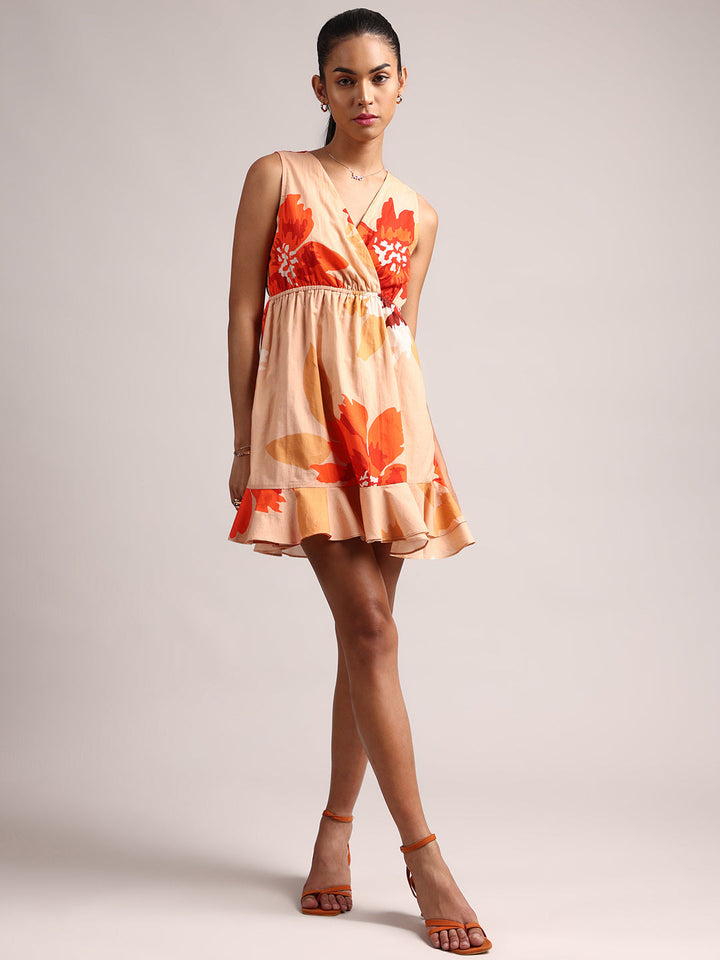 Peach Cotton Floral A-Line Dress  - By Janasya