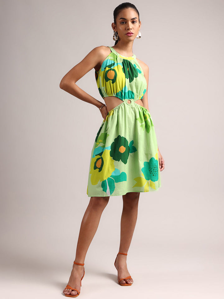 Green Pure Cotton Floral Printed Side Cut-Out Dress  - By Janasya