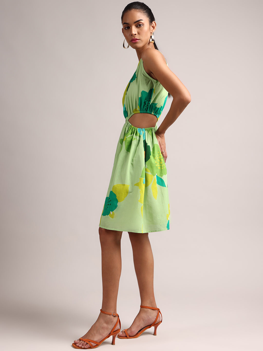 Green Pure Cotton Floral Printed Side Cut-Out Dress  - By Janasya