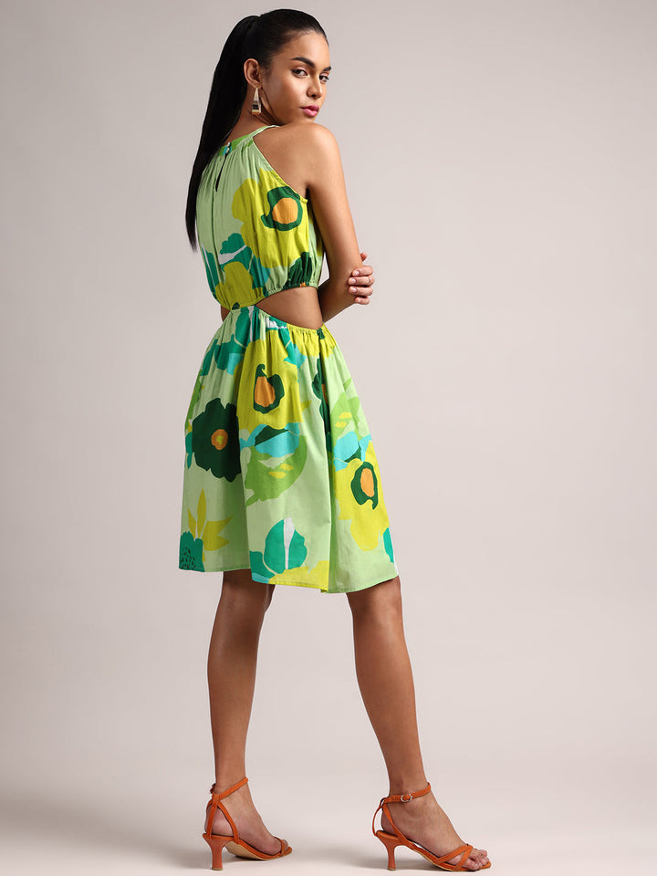 Green Pure Cotton Floral Printed Side Cut-Out Dress  - By Janasya