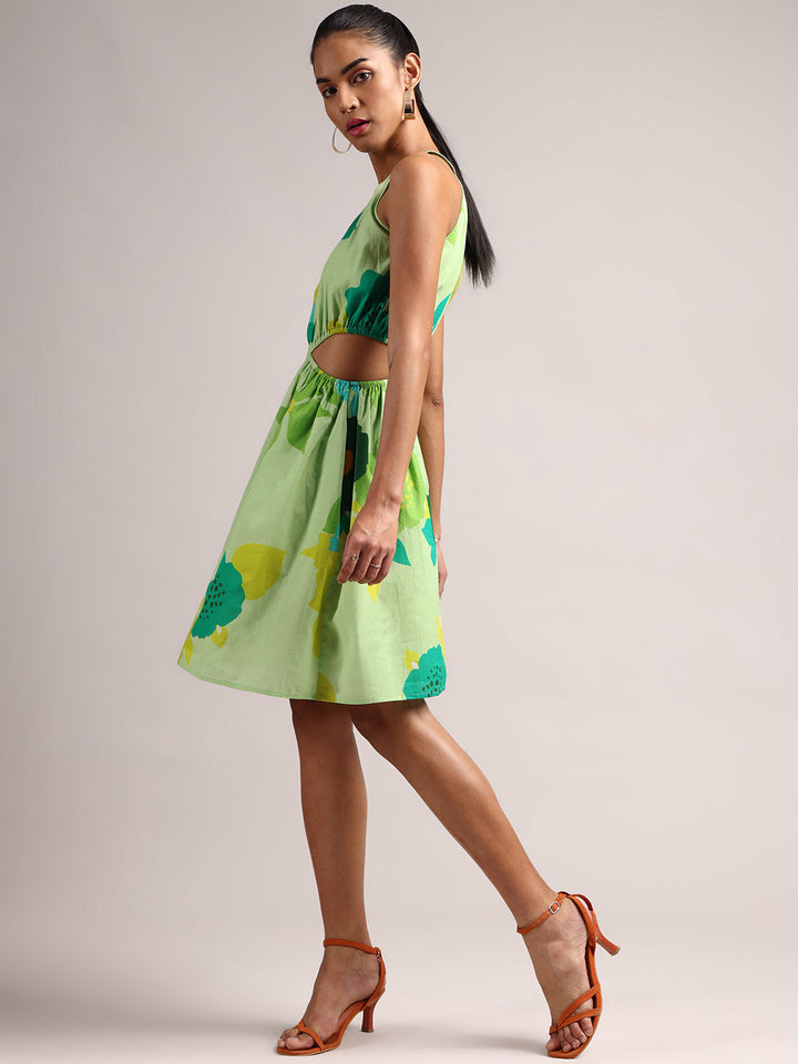 Green Pure Cotton Floral Printed Side Cut-Out Dress  - By Janasya