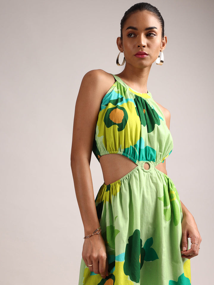 Green Pure Cotton Floral Printed Side Cut-Out Dress  - By Janasya