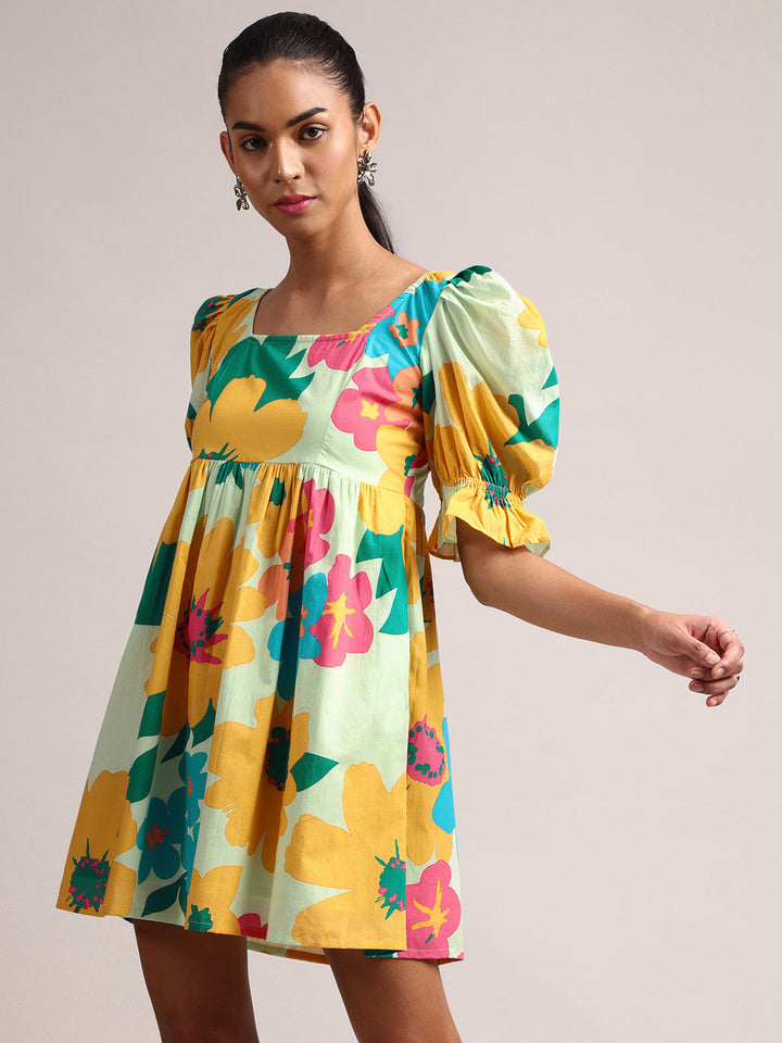 Light Green Cotton Floral Fit & Flare Dress  - By Janasya