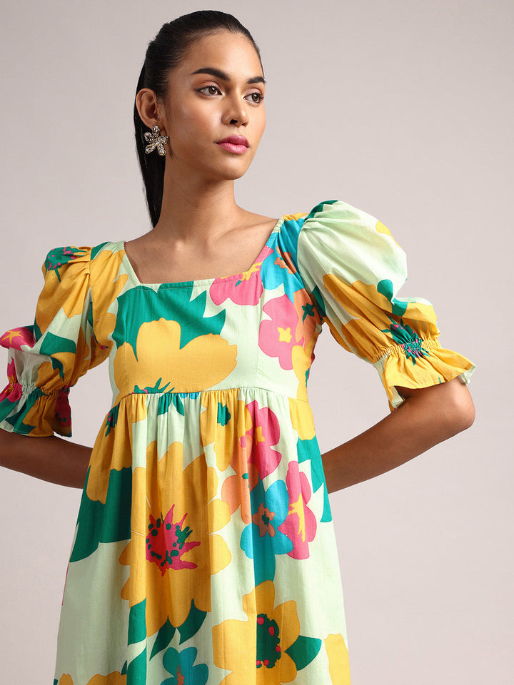 Light Green Cotton Floral Fit & Flare Dress  - By Janasya