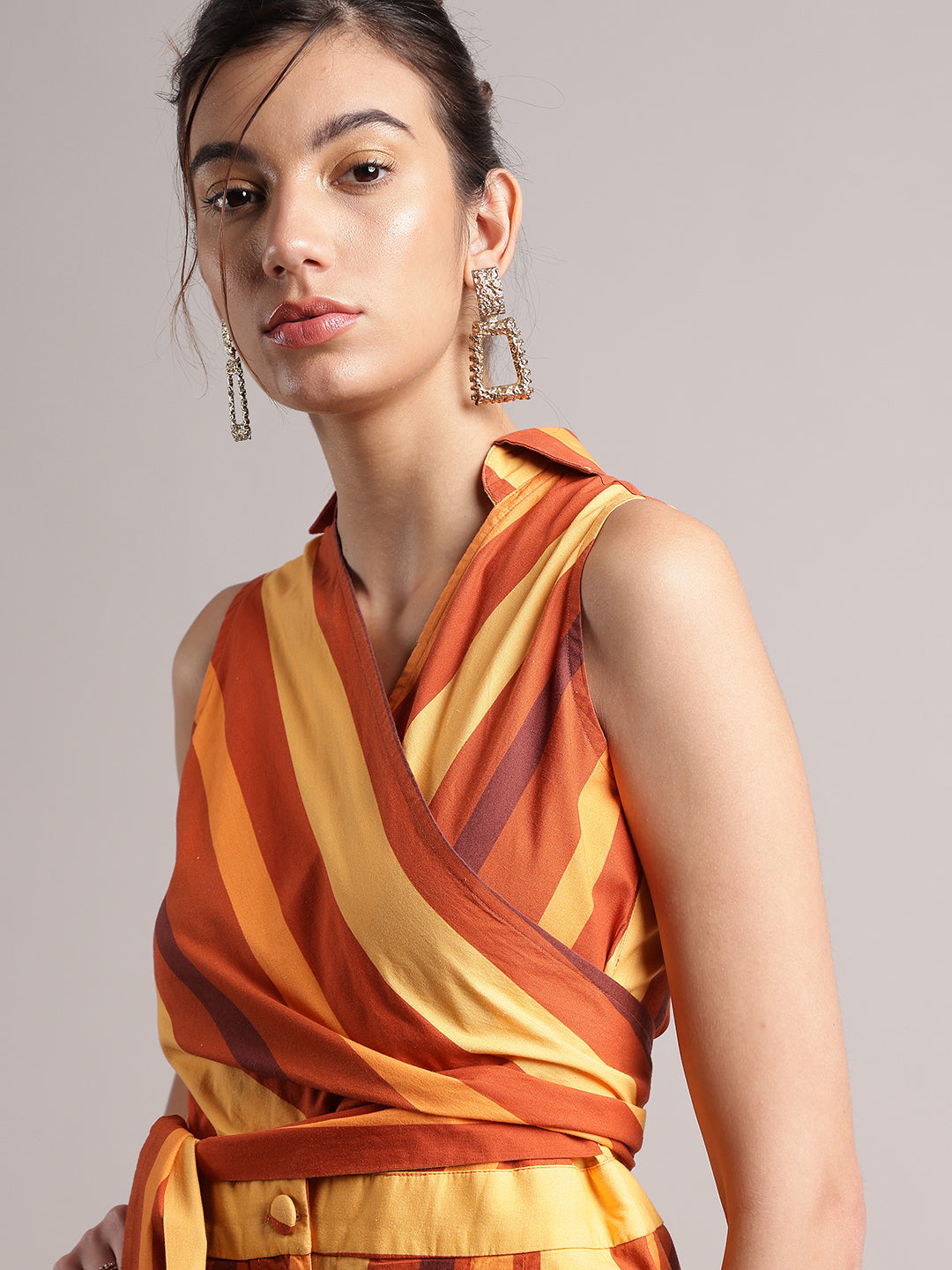 Rust Cotton Blend Striped Wrap Jumpsuit  - By Janasya