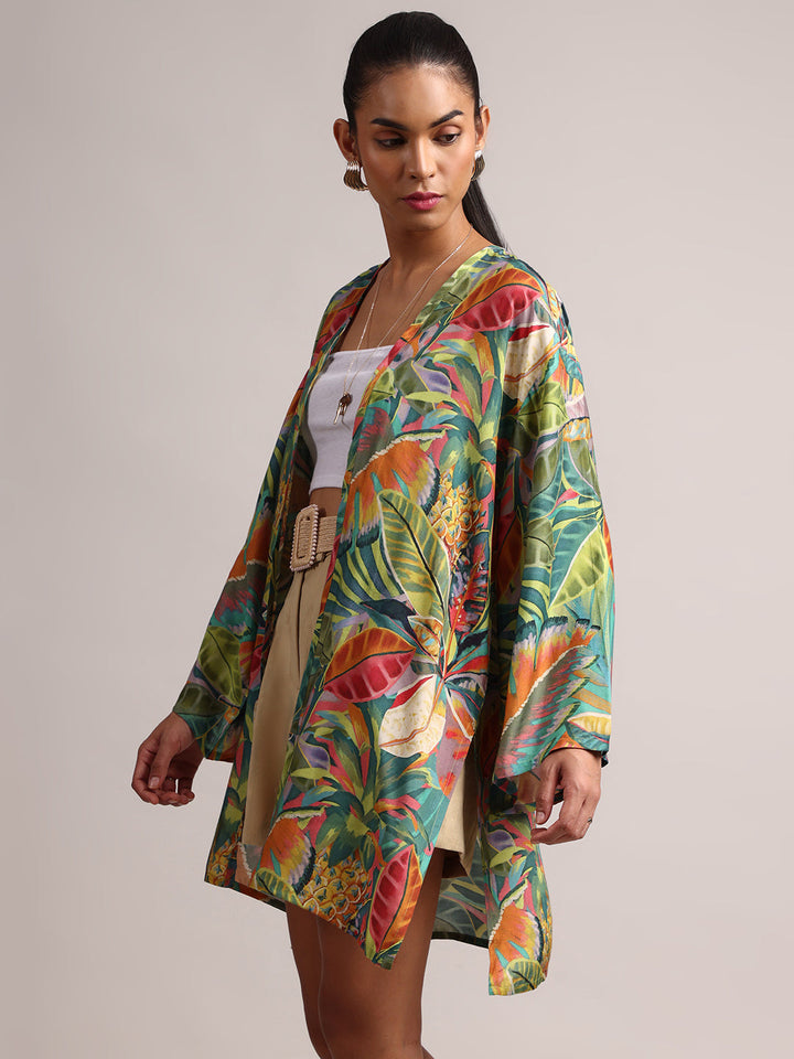 Green Muslin Tropical Regular Shrug  - By Janasya