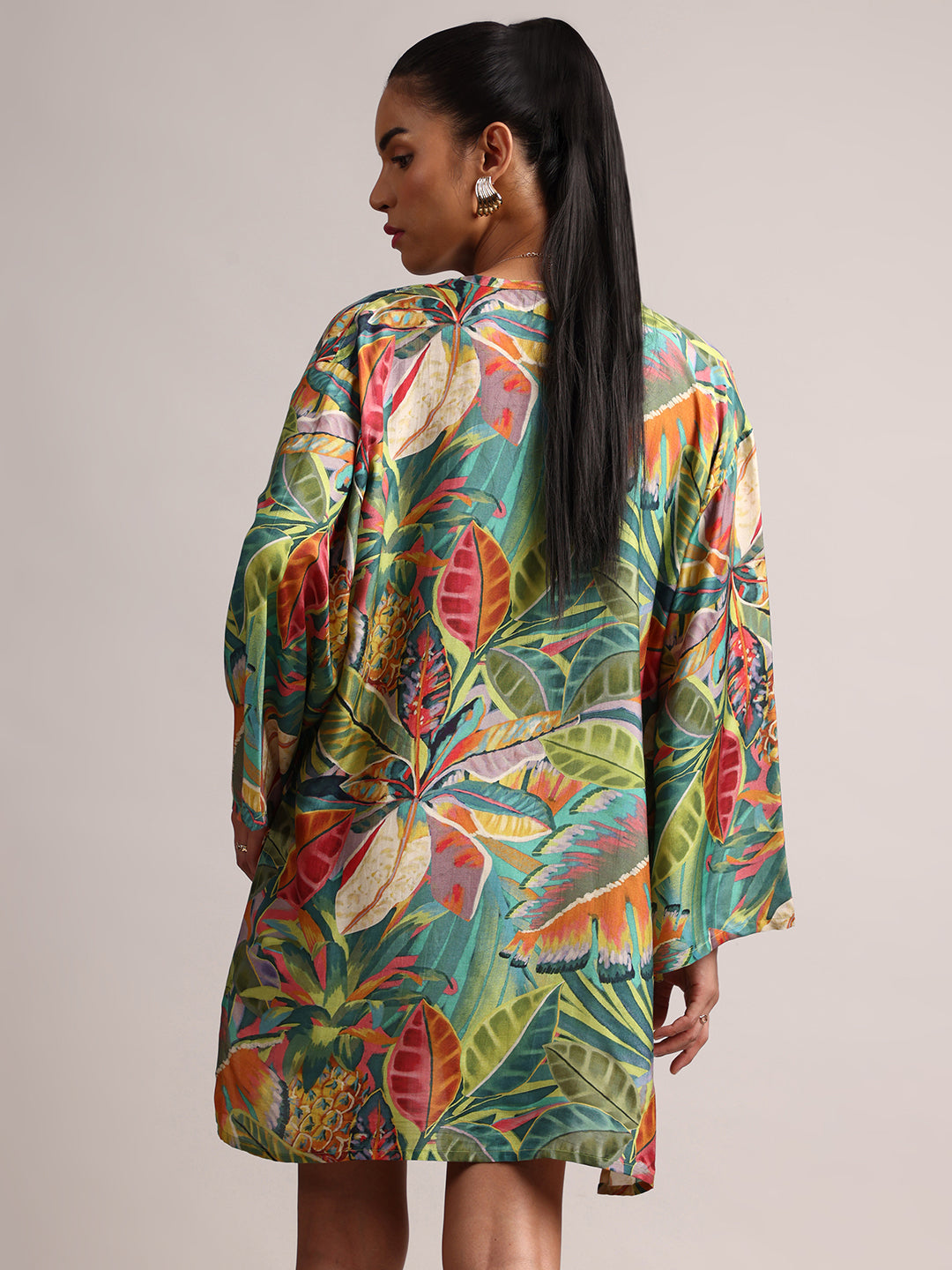 Green Muslin Tropical Regular Shrug  - By Janasya