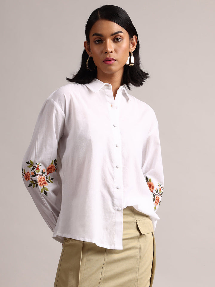 White Cotton Embroidered Puff Sleeve Shirt Style Top by Janasya