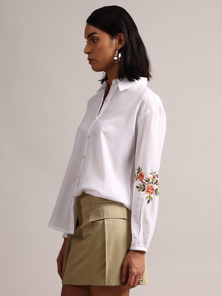 Feminine White Cotton Embroidered Puff Sleeve Shirt Style Top