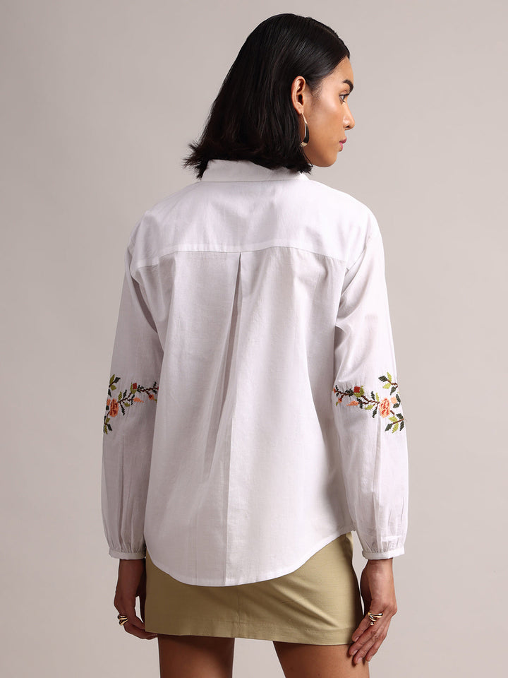 Elegant White Cotton Embroidered Puff Sleeve Shirt Style Top by Janasya