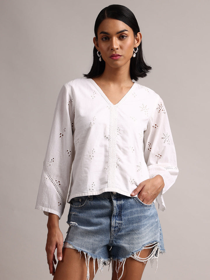 White Cotton Schiffli Regluar Top  - By Janasya