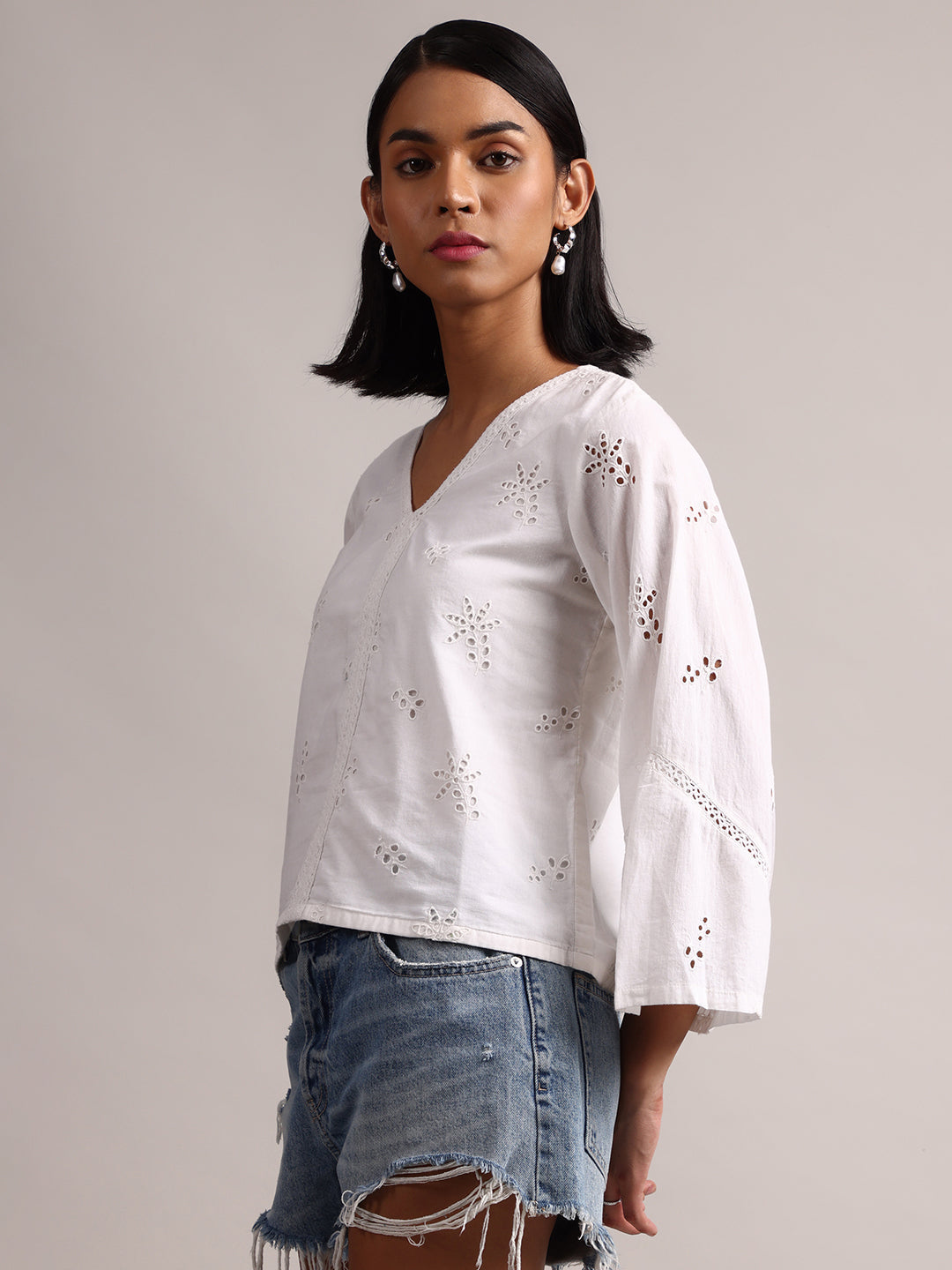 White Cotton Schiffli Regluar Top  - By Janasya