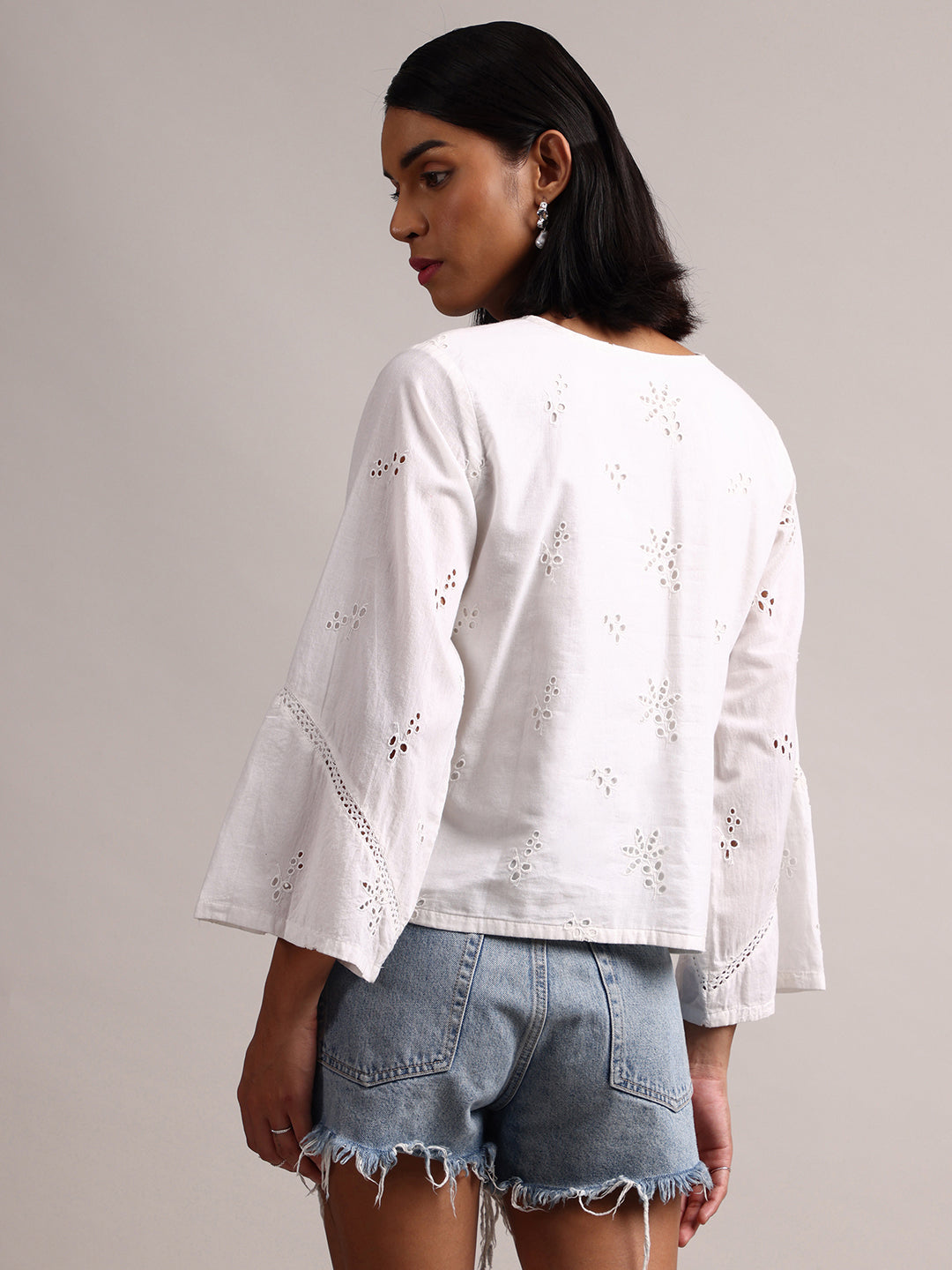 White Cotton Schiffli Regluar Top  - By Janasya