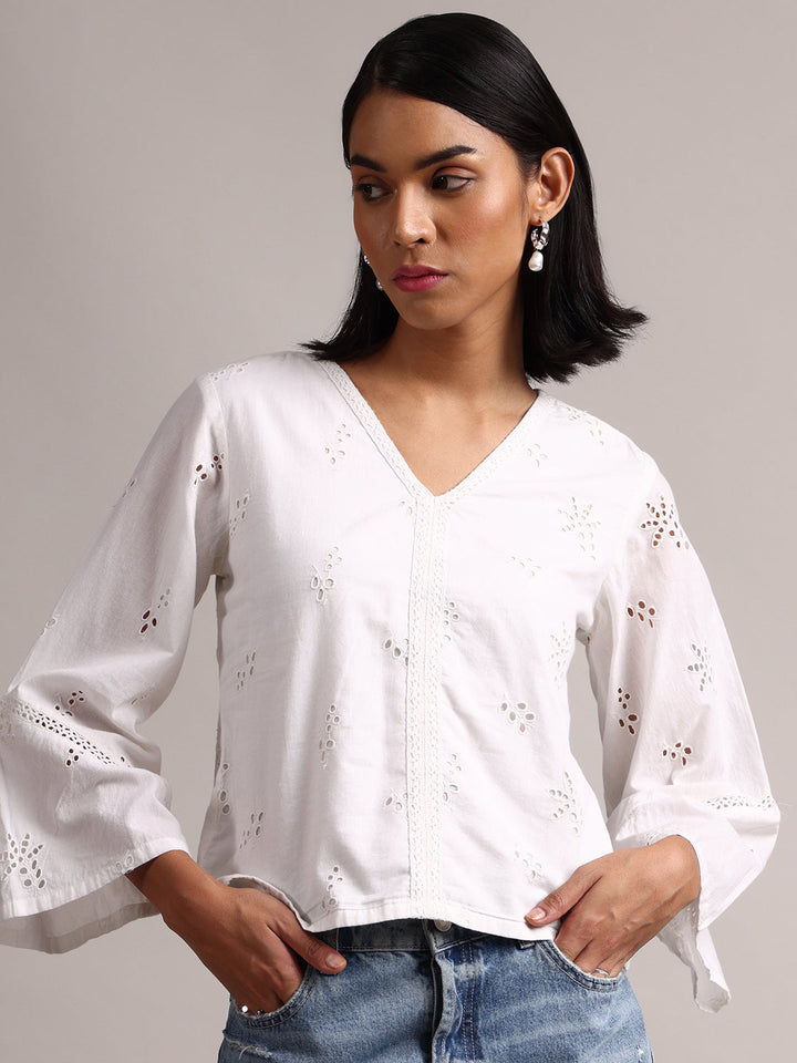 White Cotton Schiffli Regluar Top  - By Janasya