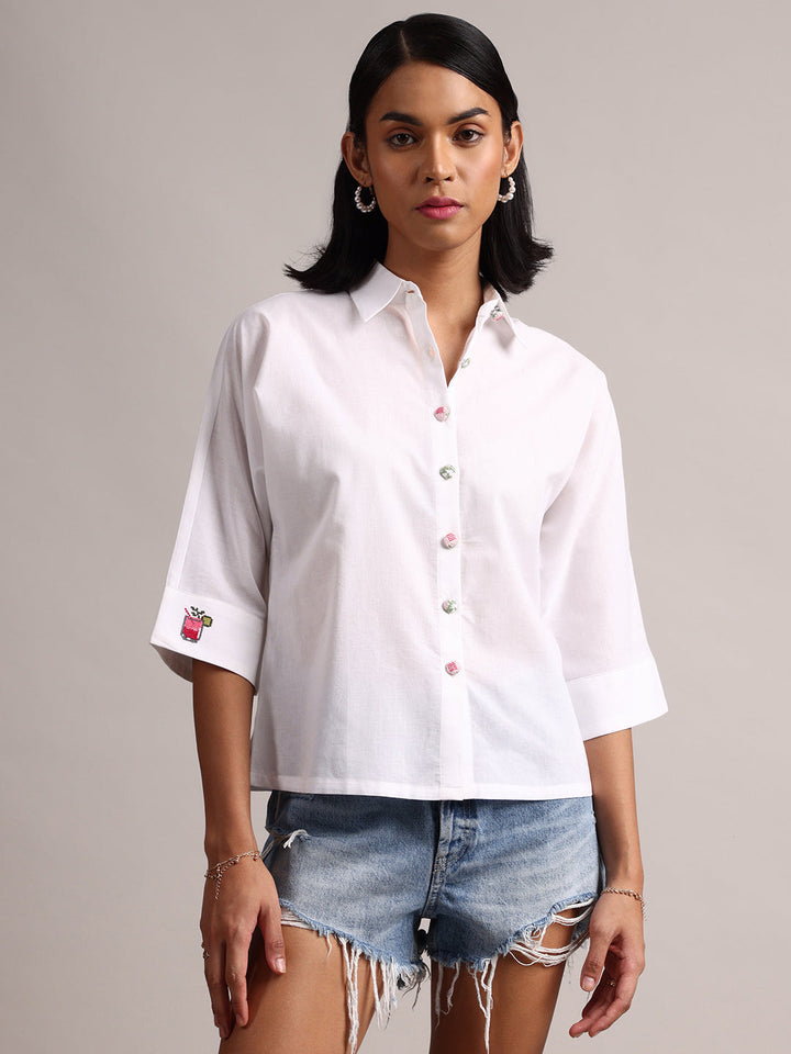 White Cotton Solid Shirt Style Top  - By Janasya