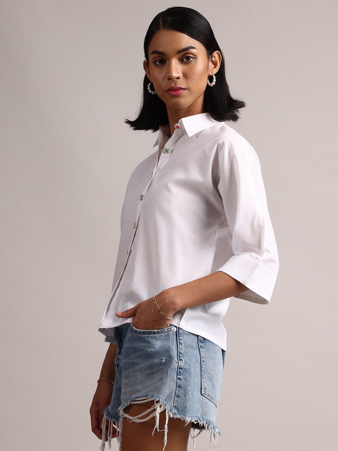 White Cotton Solid Shirt Style Top  - By Janasya